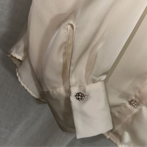 ZARA L Ivory Preppy Outer Shell Long Sleeve Front Tie Beaded Button Blouse - Picture 4 of 15